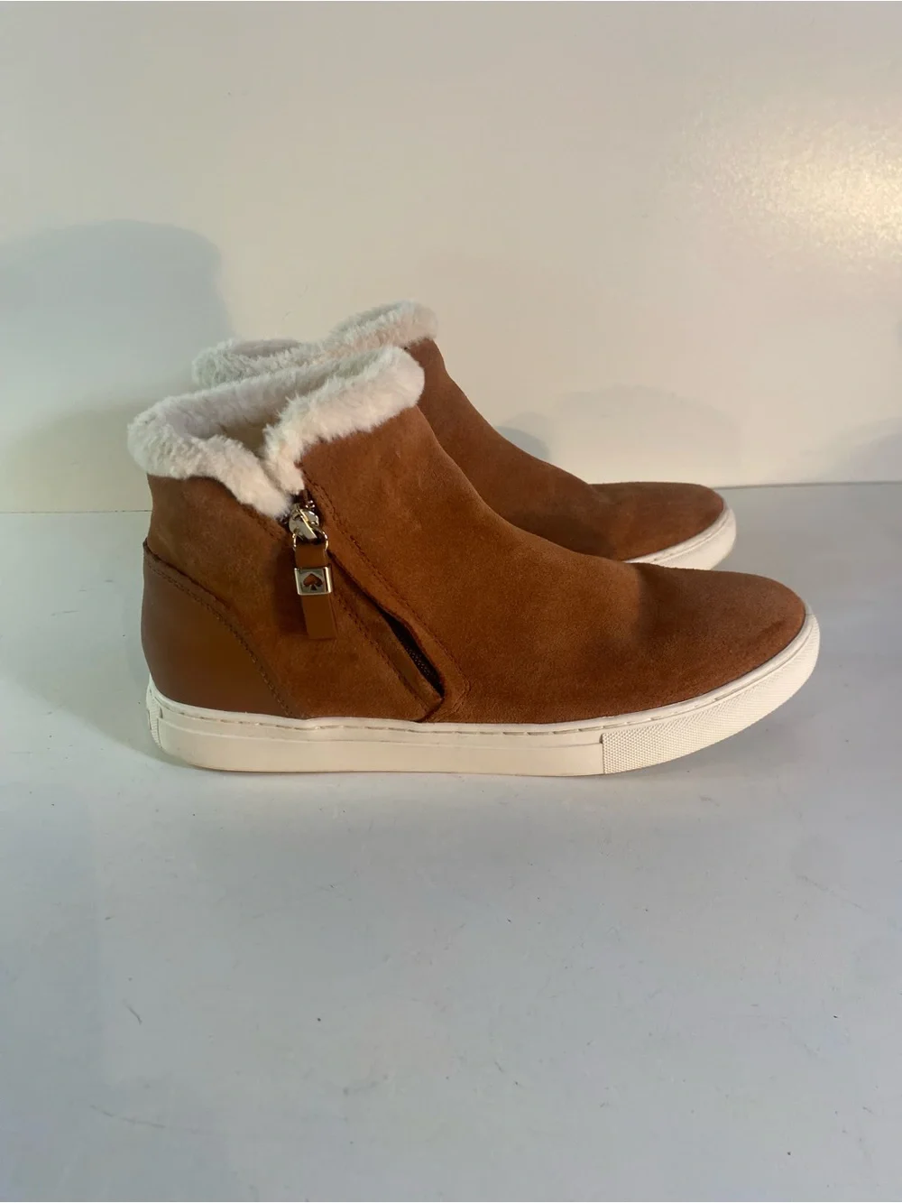 Kate Spade Harper Gingerbread Suede Winter Sneakers Plush White Faux Fur Lining